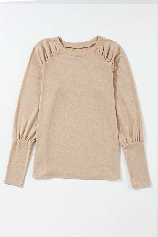 Pale Khaki Solid Ruched Raglan Sleeve Knit Top