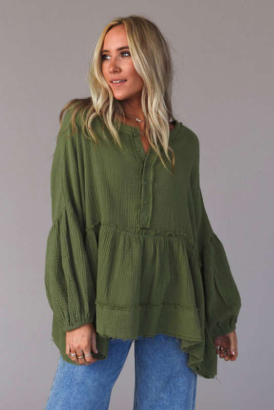 Green Henley Button Drop Shoulder Loose Sleeve Raw Edge Top