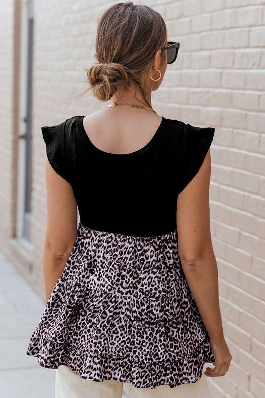 Black Ruffle Sleeve Bodice Leopard Splice Blouse