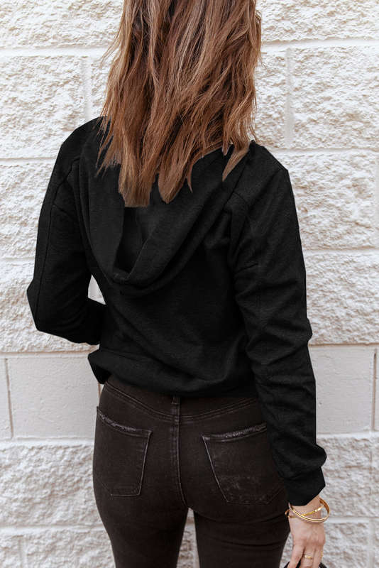 Black Casual Solid Color Lace-up Hoodie