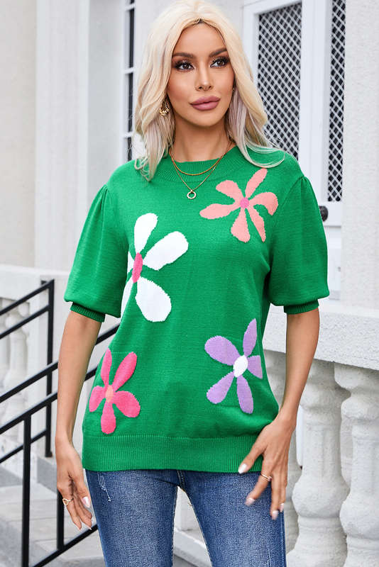 Green Knitted V-Neck Casual Top with Raw Seam Detail