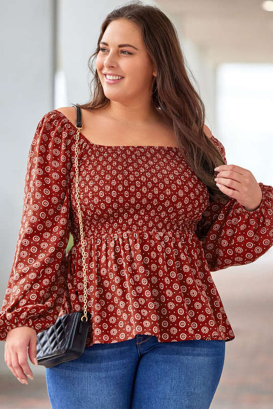 Red Plus Size Square Neck Printed Peplum Top