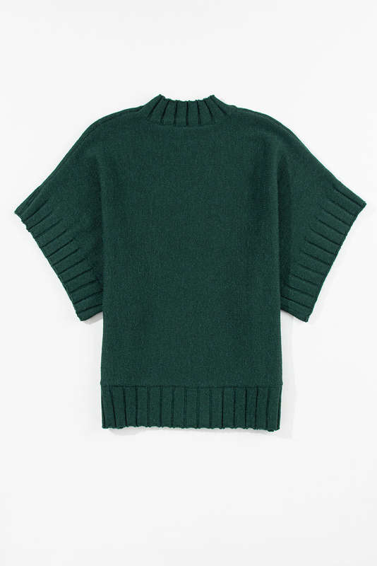 Blackish Green Mock Neck Batwing Short Sleeve Knit Sweater