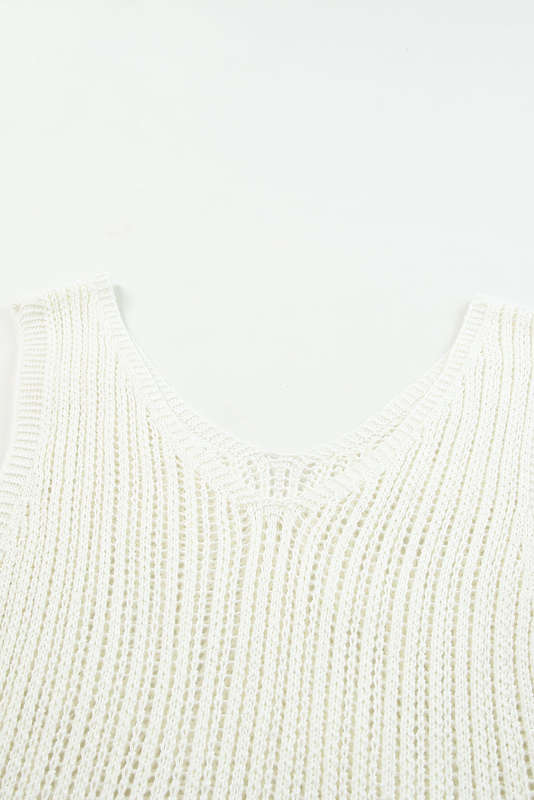White Hollowed Knit V Neck Tank Top