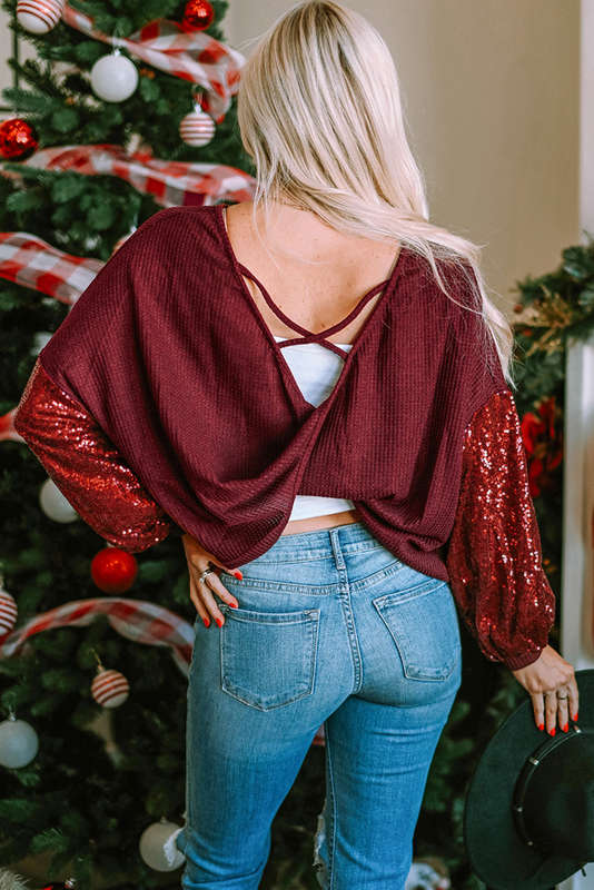 Biking Red Sequin Patchwork Sleeve Open Back Waffle Knit Top