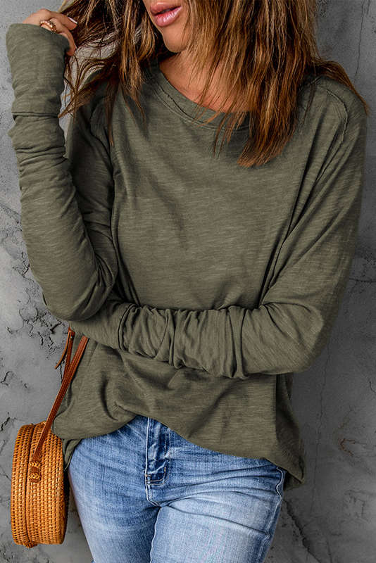 Green Solid Crew Neck Long Sleeve Long Sweatshirt