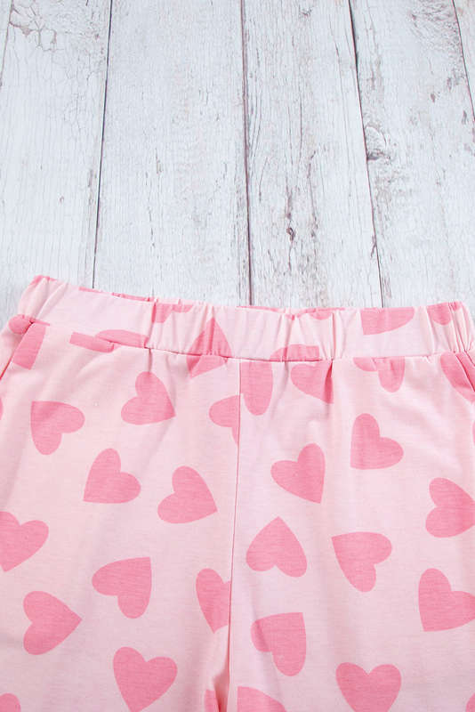 Pink Valentine Heart Shape Print Long Sleeve Top Shorts Lounge Set
