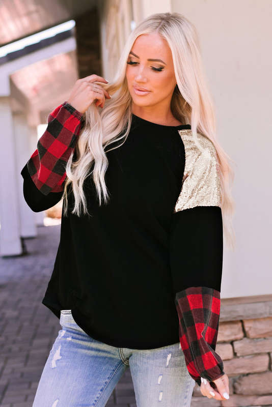 Crewneck Lantern Sleeve Plaid Sequin Splicing Pullover Sweatshirt