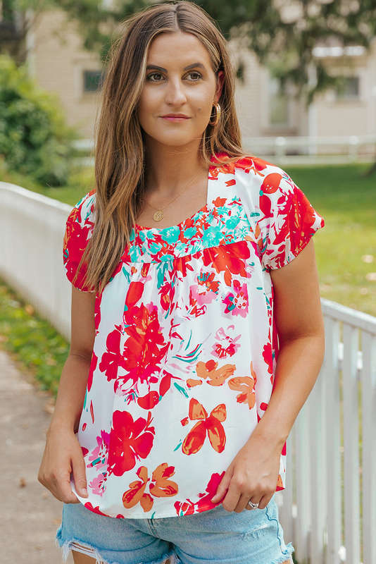 Red Floral Printed Embroidered Square Neck Blouse