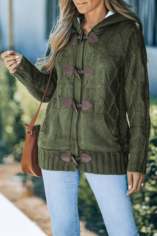 Army Green Fur Hood Horn Button Sweater Cardigan