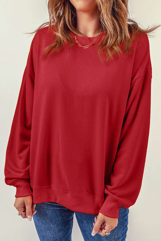 Red Plain Crew Neck Pullover Sweatshirt