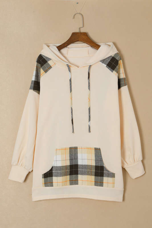 Khaki Plaid Patchwork Kangaroo Pocket Oversized Hoodie
