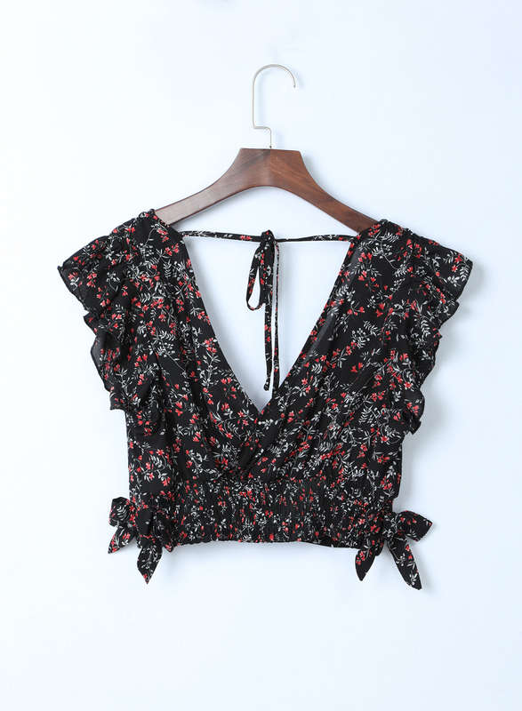 Black Multicolor Floral Ruffled Crop Top and Maxi Skirt Set