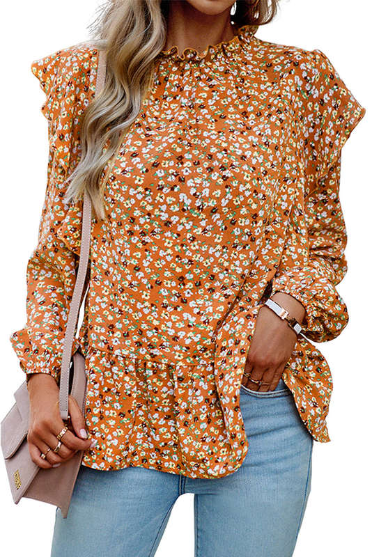 Orange Ruffle Collar Long Sleeve Peplum Top