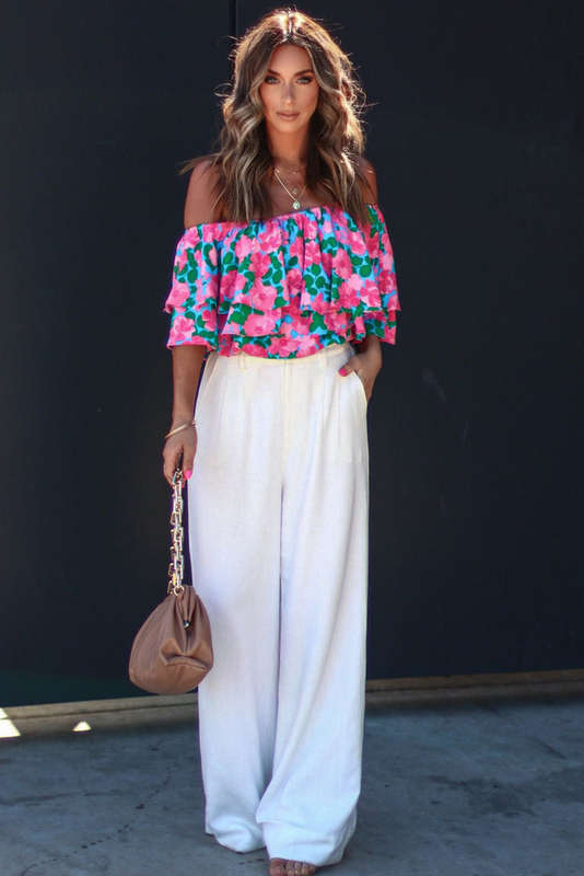 Rose Floral Off-Shoulder Tiered Ruffle Blouse