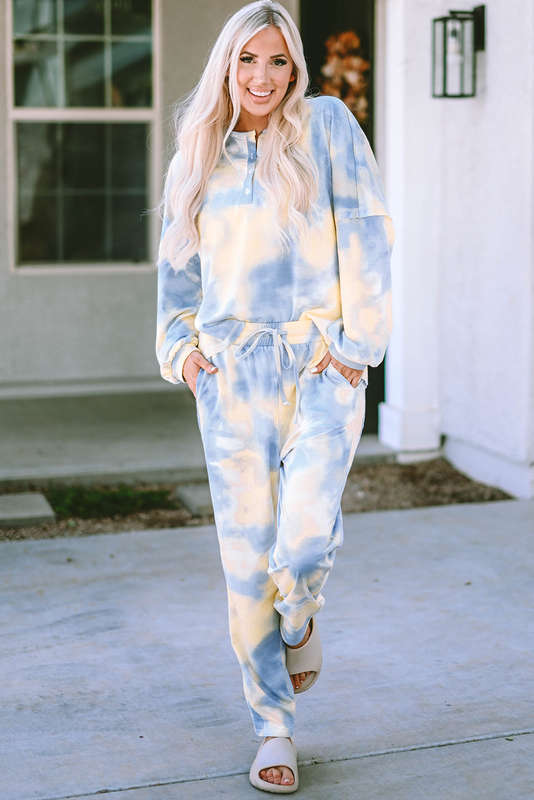 Multicolor Tie Dye Henley Top and Drawstring Pants Outfit