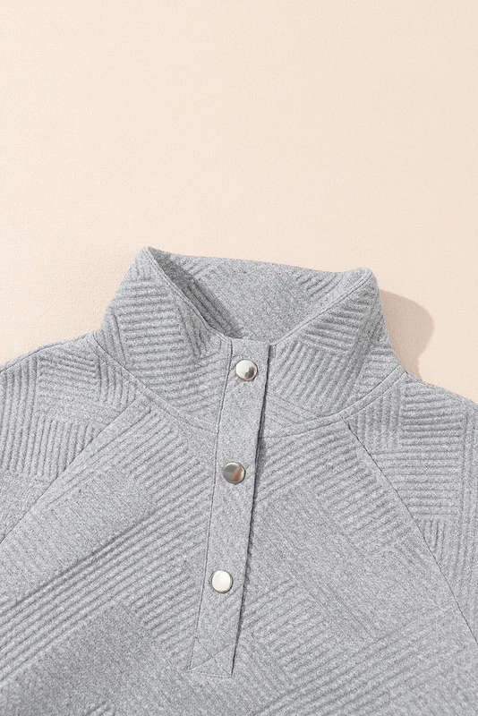 Light Grey Textured Knit Buttoned Kangaroo Pocket Sweatshirt