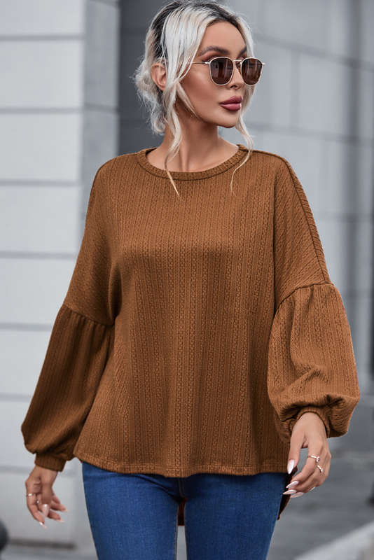 Orange Faux Knit Jacquard Puffy Long Sleeve Top