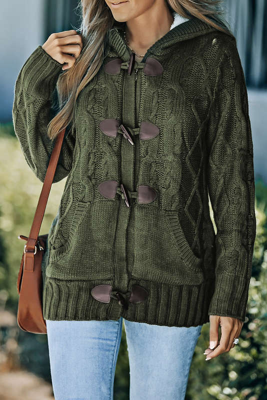 Army Green Fur Hood Horn Button Sweater Cardigan