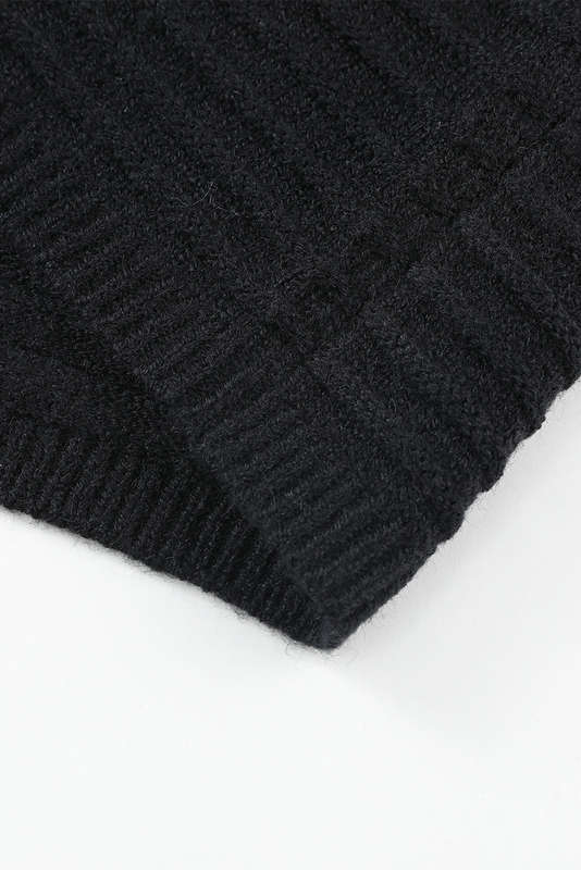 Black Horizontal Rib Knitted Open Front Hooded Cardigan