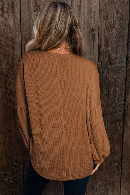 Orange Faux Knit Jacquard Puffy Long Sleeve Top