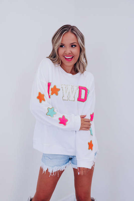 White Glitter Howdy Patch Graphic Casual Sweatshirt