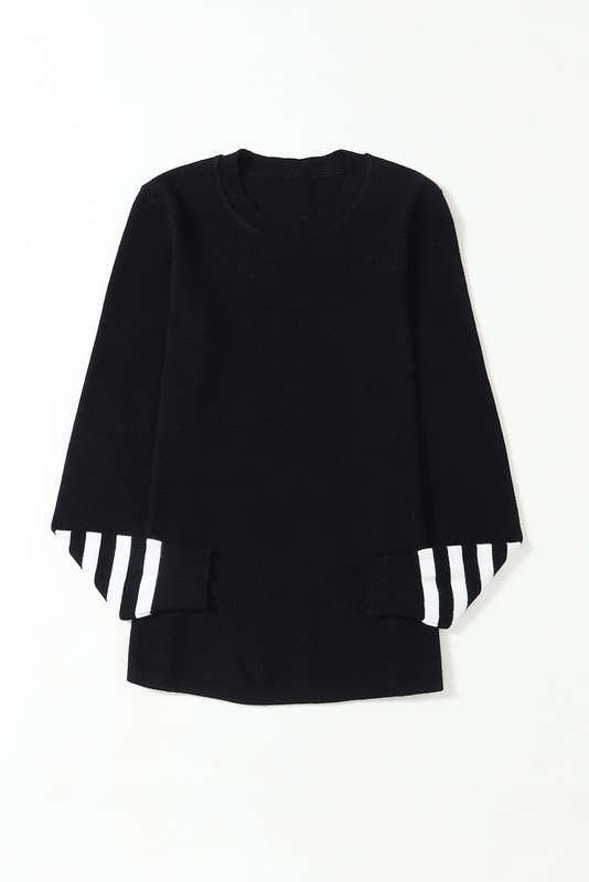 Black Striped Sleeve Plain Knit Sweater