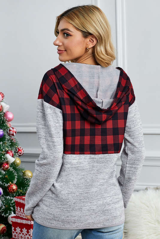 Red Plaid Splicing Pocketed Gray Hoodie