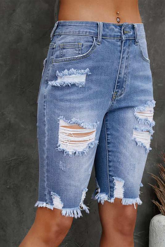 Sky Blue Ripped Tassel Bermuda Denim Shorts
