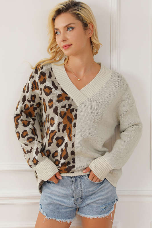 Leopard Color Block V Neck Drop Shoulder Knit Sweater