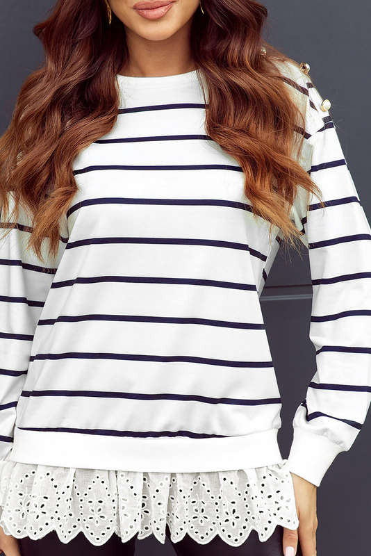 White Striped Button Dropped Shoulder Lace Splicing Top