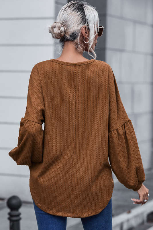 Orange Faux Knit Jacquard Puffy Long Sleeve Top