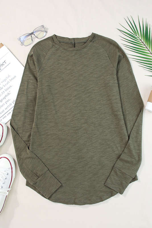 Green Solid Crew Neck Long Sleeve Long Sweatshirt