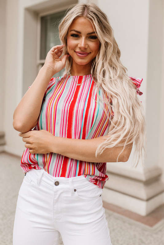 Stripe Abstract Print Stitching Ruffle Sleeve Blouse