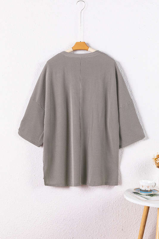 Philippine Gray Ribbed Roll-tab Sleeve Oversize Top