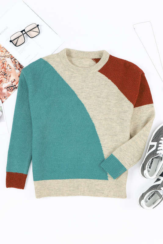 Multicolor Colorblock Ribbed Trim Round Neck Sweater