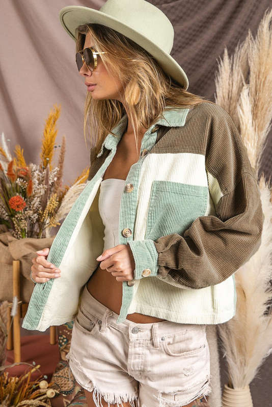 Green Color Block Patchwork Vintage Corduroy Jacket