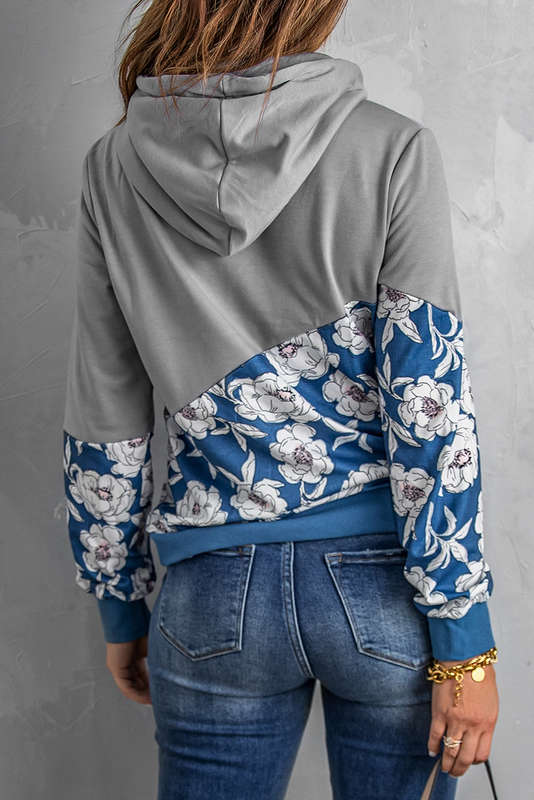 Gray Floral Splicing Cowl Neck Hoodie