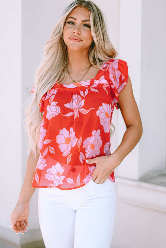 Red Floral Square Neck Ruffle Sleeve Blouse