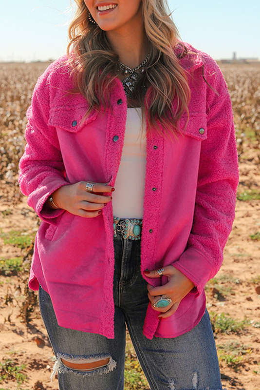 Dark Pink Faux Suede Sherpa Patchwork Button-up Shacket