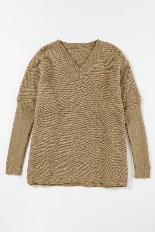 Camel Checkered Textured Batwing Sleeve Sweater