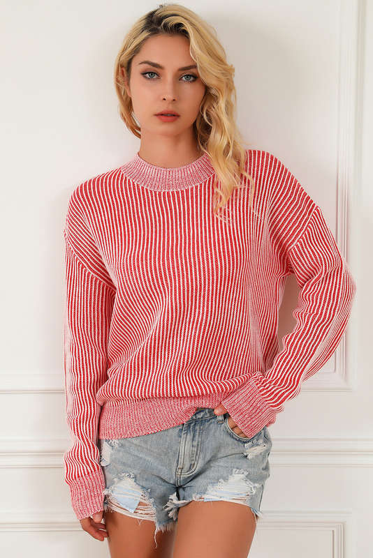 Striped Print Ribbed Trim Round Neck Sweater