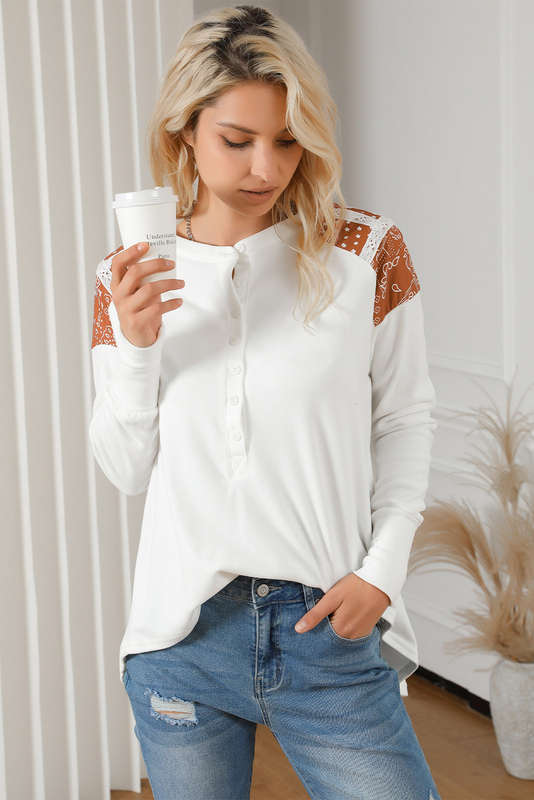 White Contrast Crochet Lace Henley Top