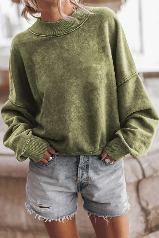 Green Knitted V-Neck Casual Top with Raw Seam Detail
