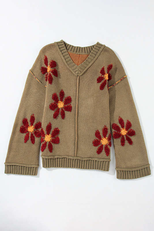 Sage Green Flower Knit Ribbed Trim V Neck Sweater