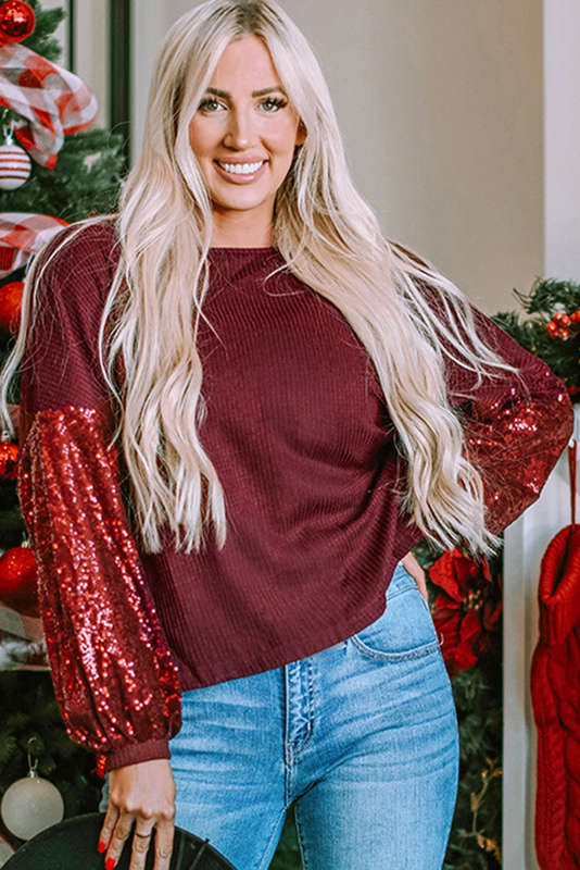 Biking Red Sequin Patchwork Sleeve Open Back Waffle Knit Top
