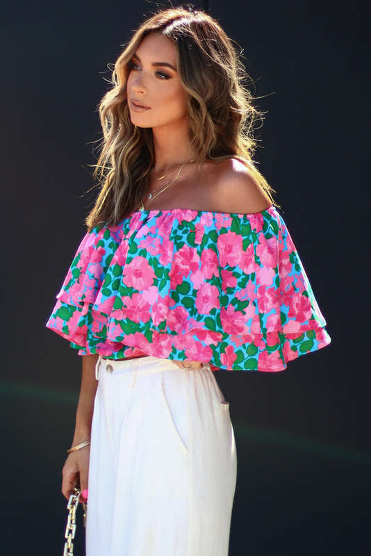 Rose Floral Off-Shoulder Tiered Ruffle Blouse