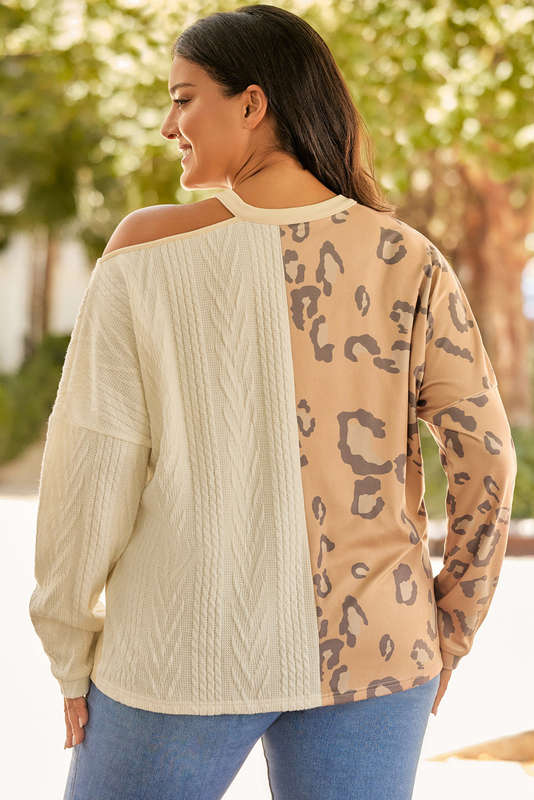 Multicolor Leopard Cable Knit Mix Patchwork Cutout Plus Top