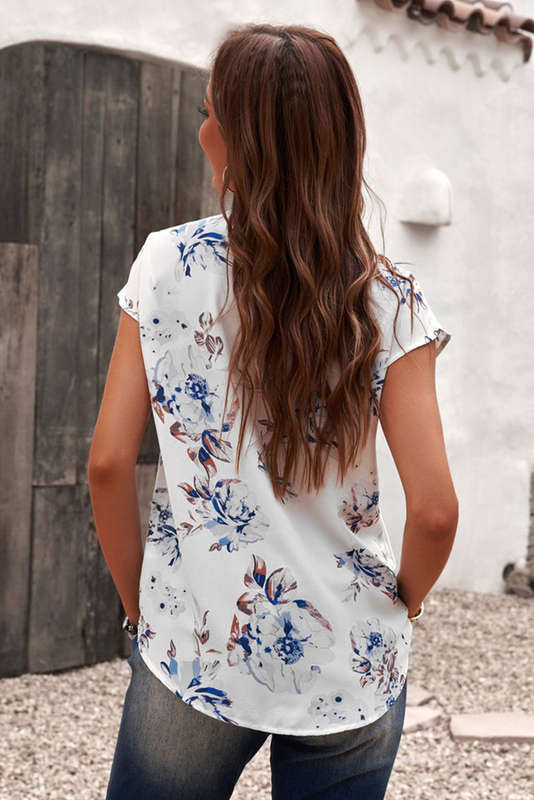 White White/Apricot Floral Scalloped V Neck Short Sleeves Top Black Polka Dot Scalloped V Neck Sh...