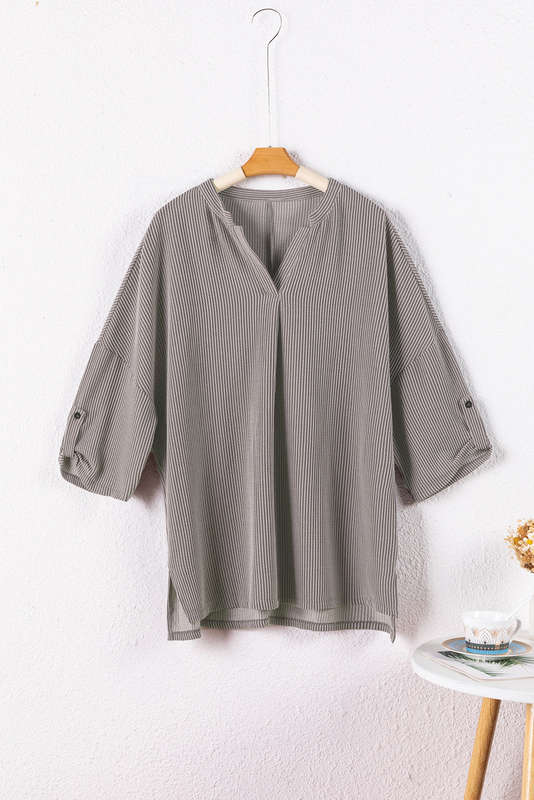 Philippine Gray Ribbed Roll-tab Sleeve Oversize Top